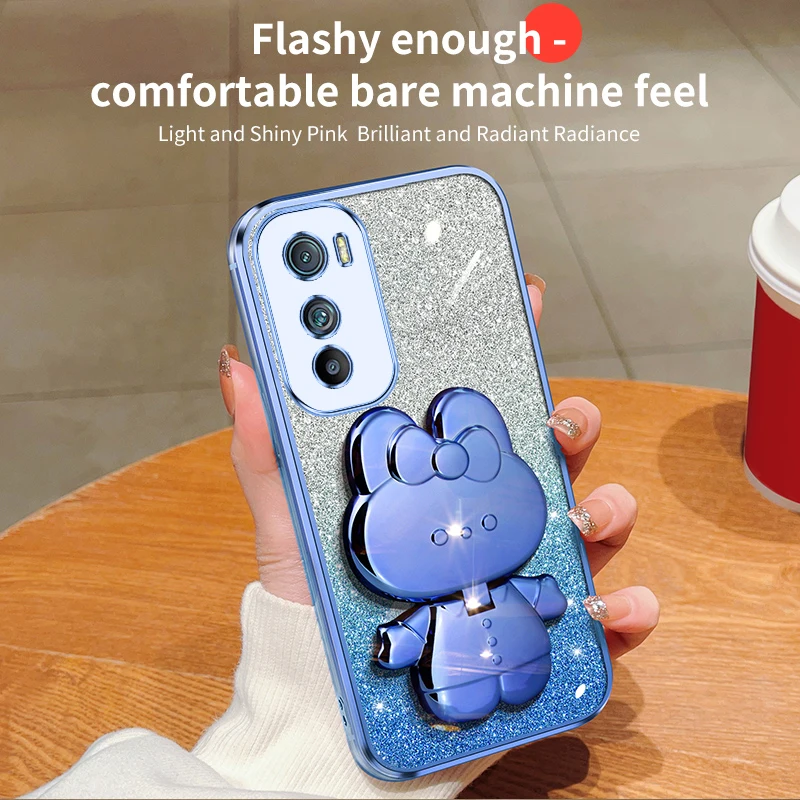 edge20 Glitter Rabbit Makeup Mirror Holder Case For Motorola Moto Edge G8 G9 Play 20 30 Plus Soft Cover E7 E6S E22 E32 E13 G 8 9