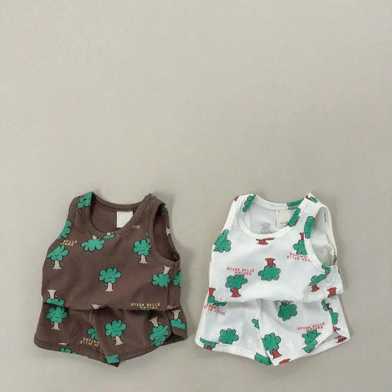 

2025 Summer New Children Sleeveless Clothes Set Cute Tree Print Boys Girls Cotton Vest + Shorts 2pcs Suit Kids Casual Outfits