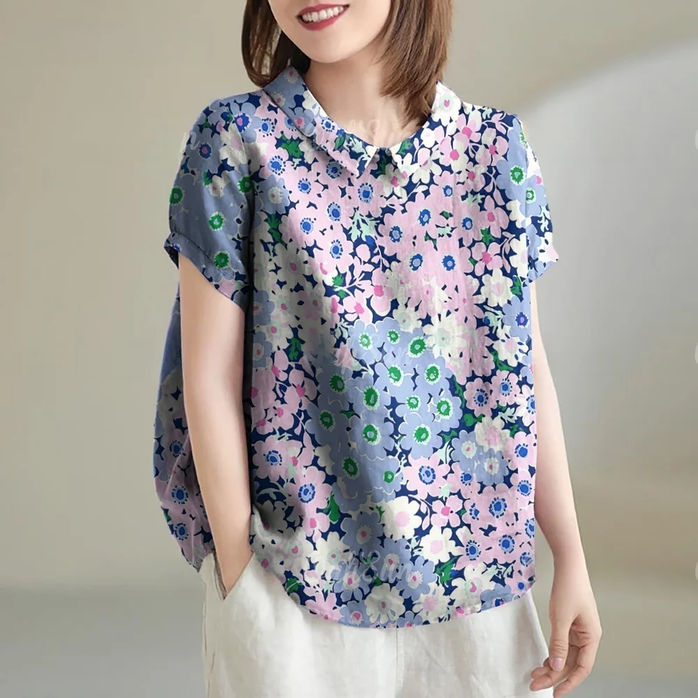

Women's Blouse Fashion Flower Print T-Shirt Top Hawaiian Comfort Short Sleeve Blouse Summer Street Casual Lapel Women's Clothing
