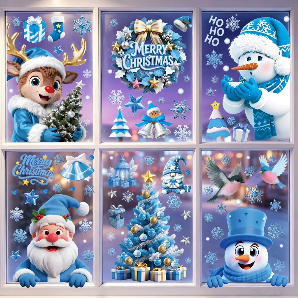 Blaue Weihnachtsmann-Schneemann-Fensteraufkleber, Weihnachtsdekoration, Navidad-Geschenk, PVC-Statische Aufkleber, Weihnachtsdekoration für Zuhause