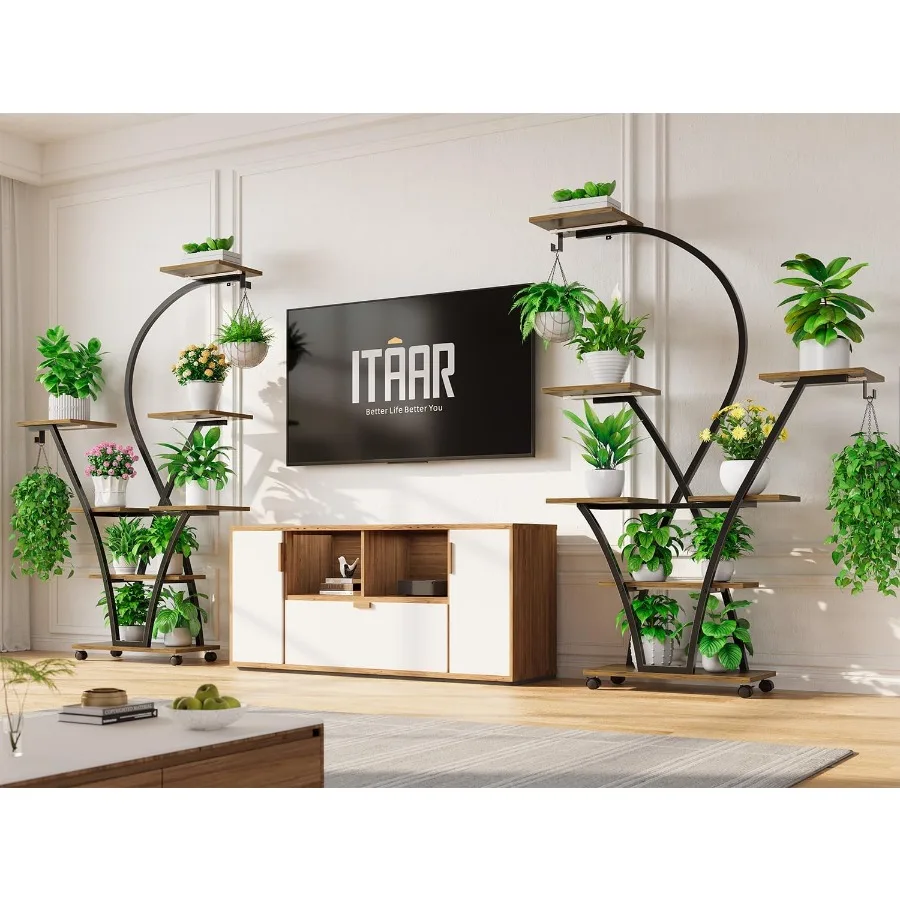 حامل نباتات داخلي طويل القامة 64 بوصة مع ضوء النمو، عبوة من 2 رف نباتات زاوية مكون من 7 طبقات يتميز بعجلات وحوامل نباتات منحنية fo #3