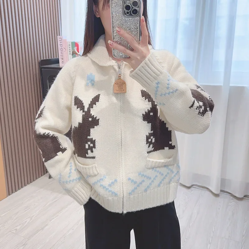 Neploe Advanced Turn-down Collar Long Sleeve Print Cardigan Korea Minority Rabbit Knit Sweaters Jacquard Lazy Loose Warm Jumper