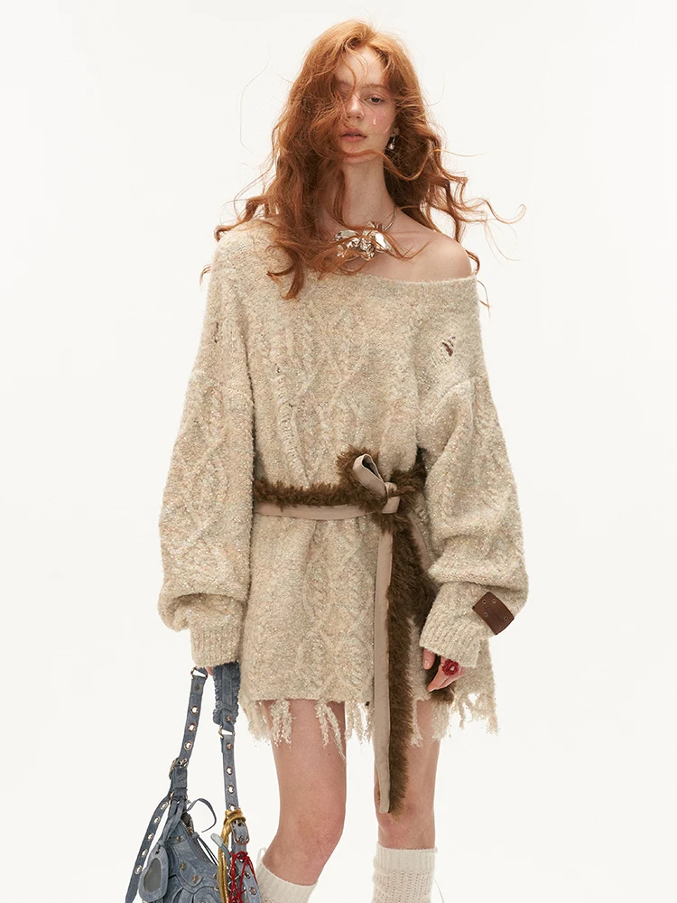 

MAMC Lazy Sle Long Sve Knitted Sweater Coat oulder Bared Tassel Women's Loose Fit Autumn New Arrival Outerwear Top