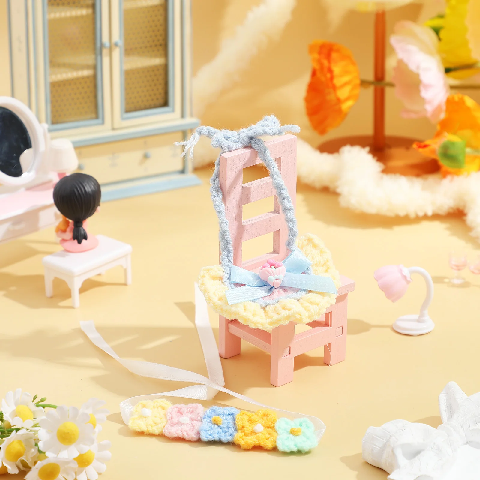 

1 set Clothes Set 17Cm Knitted Headband Bandana Drool Bib For Baby Miniature Accessories Floral Outfit Photo Prop Newborn