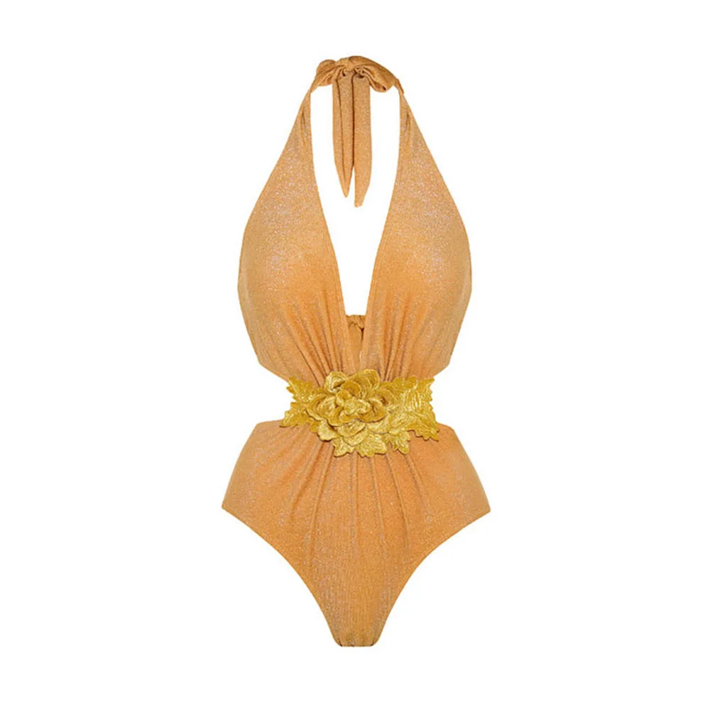 ผู้หญิง One-piece ชุดว่ายน้ําลึก V คอ-แขวน Minimalist High-End Feel Beach วันหยุดสไตล์ Maxi ชุด