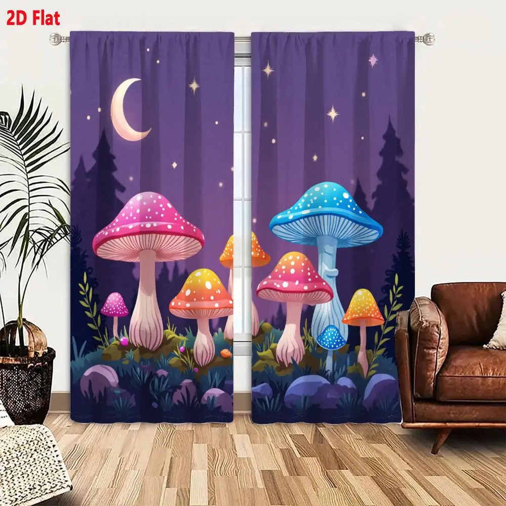 2Pcs Curtains 2D Flat Magical Forest Clearing At Night With Colorful Spotted Mushrooms And Twinkling Stars Window Drapes for Bed