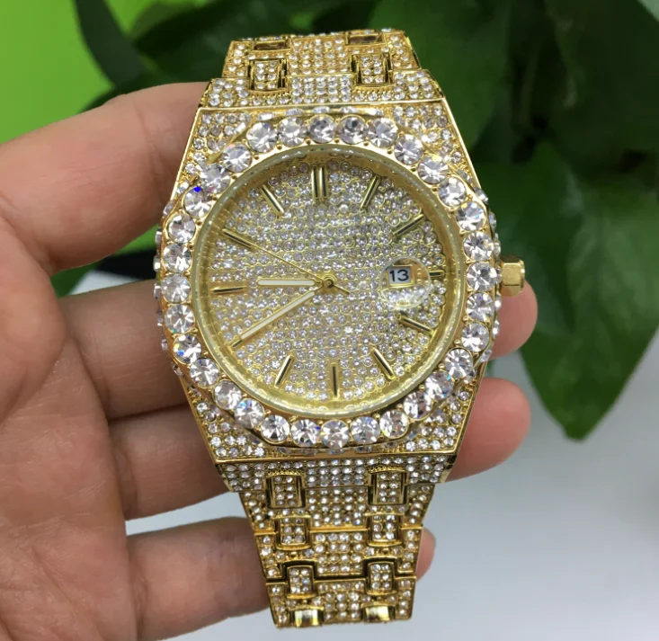 

Fashion 18K Gold Plated Full Diamond Quartz Watches Shiny Hip Hop Design Iced Out Watch for Men