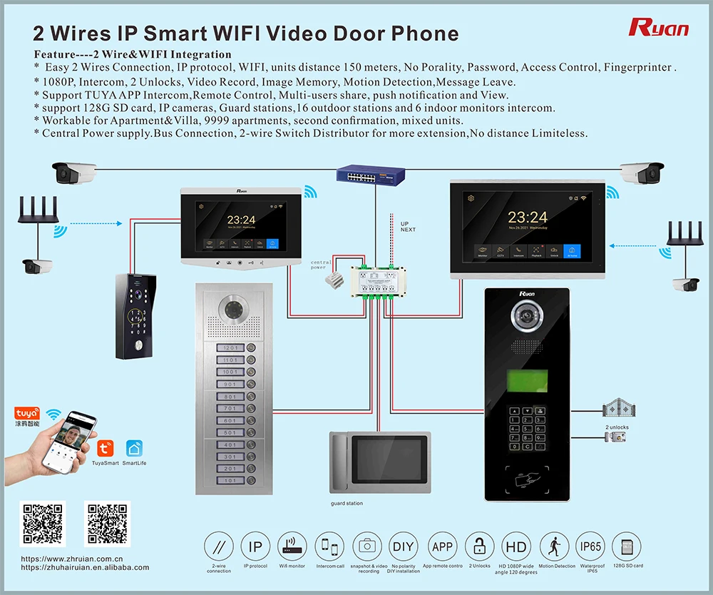 

8 Apartment/Family Video Door Phone Intercom System 1080P Doorbell Camera with 12 Button 8 Monitor