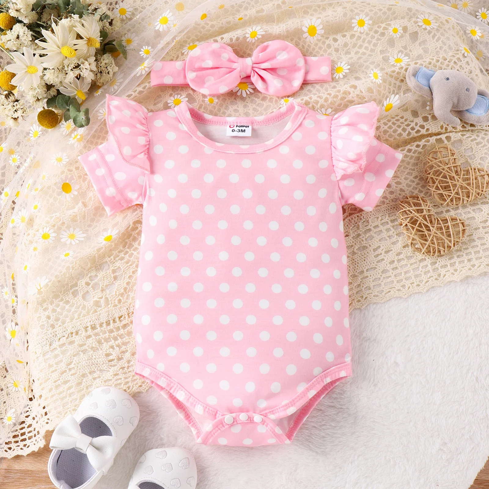 PatPat 3pcs Baby Girl Polka Dot Pattern Romper and Denim Overall Dress with Headband Suitable for Summer Season