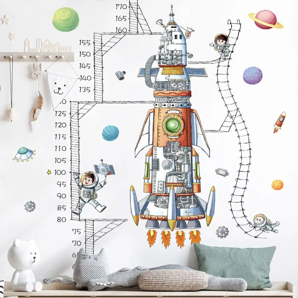 Cartoon Spaceship Astronaut Children's Height Ruler Wall Decoration Multicolor Growth Chart Removable Wall Art