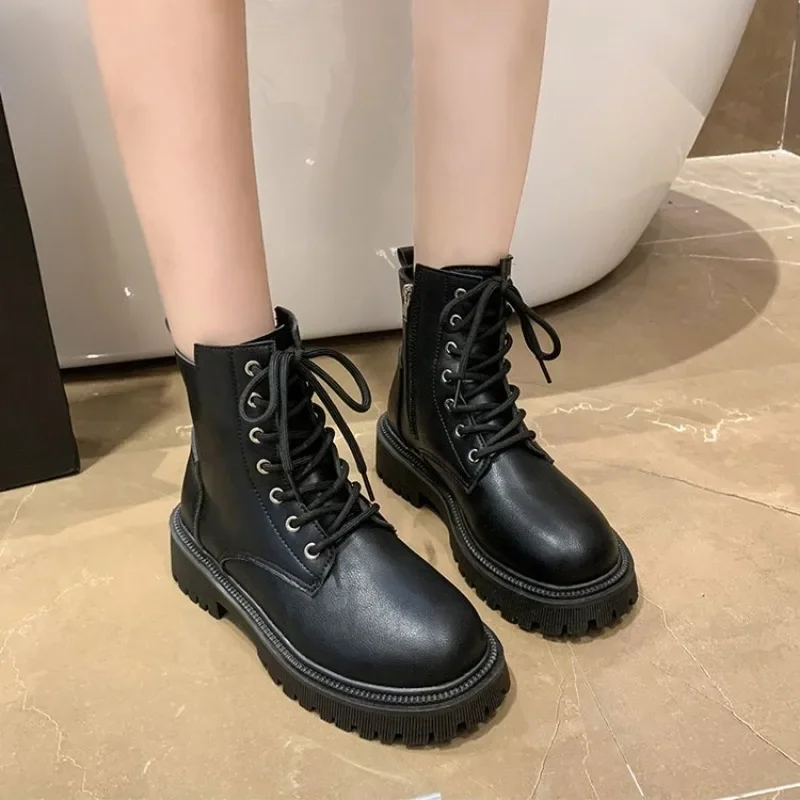 2024 Summer Autumn Women Ankle Boots Classic Beige Black Leather Gothic Punk Shoes Mid Heels Short Combact Boots Platform Shoes