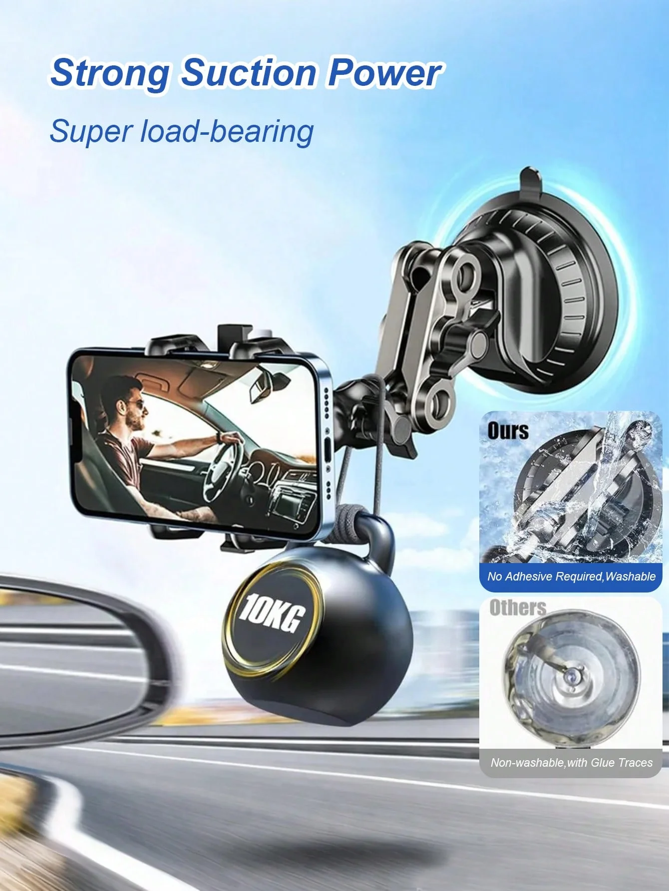 Supporto per telefono da auto con ventosa premium – Design antiurto e ammortizzante, realizzato in lega di alluminio resistente, struttura a 3 sfere