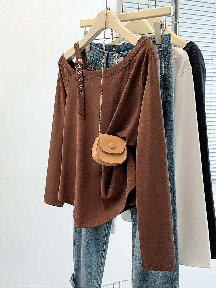 Irregular Off Shoulder Long Sleeve Women T-Shirt Spring New Vintage Solid Color Versatile Top Oversized Loose Casual Female Tees