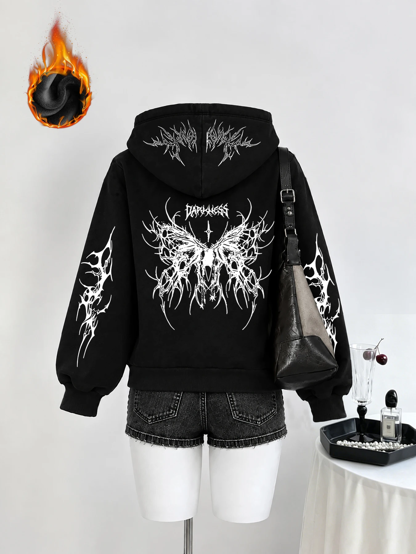 Winter Y2k Gothic print thick heavy velvet black hooded zipper jacket slim temperament women's jacket casual lazy commuter style