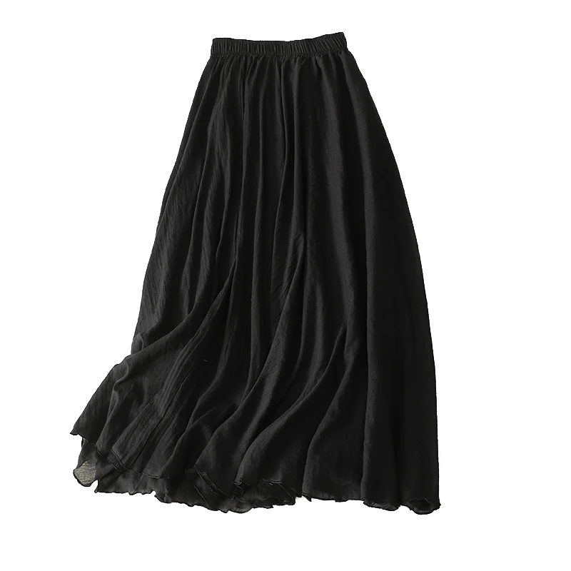 2023 Summer Linen Cotton Ruffled Double-layer Skirt Elasticated Waist A-line Midi Long Skirt Casual