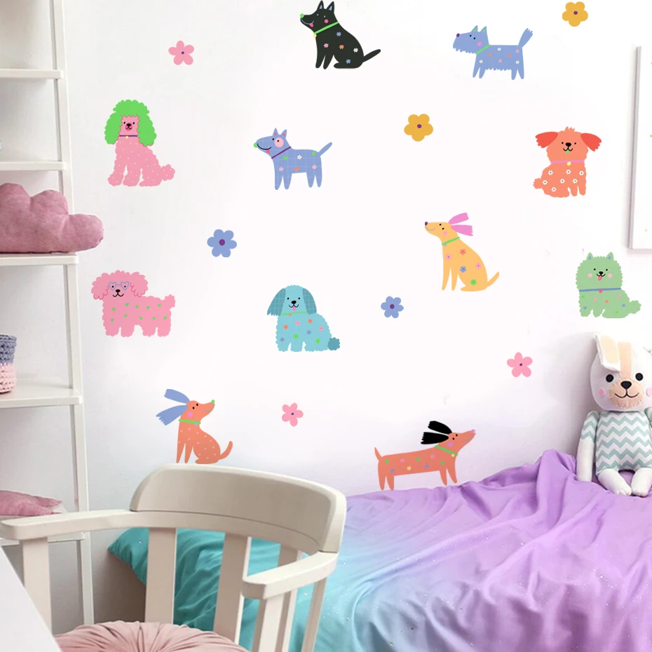 

Cartoon Colorful Flowers Puppy Creative Wall Sticker Children Room Wall Art Decal Kids Room Vinyl Bedroom Living Home Decor