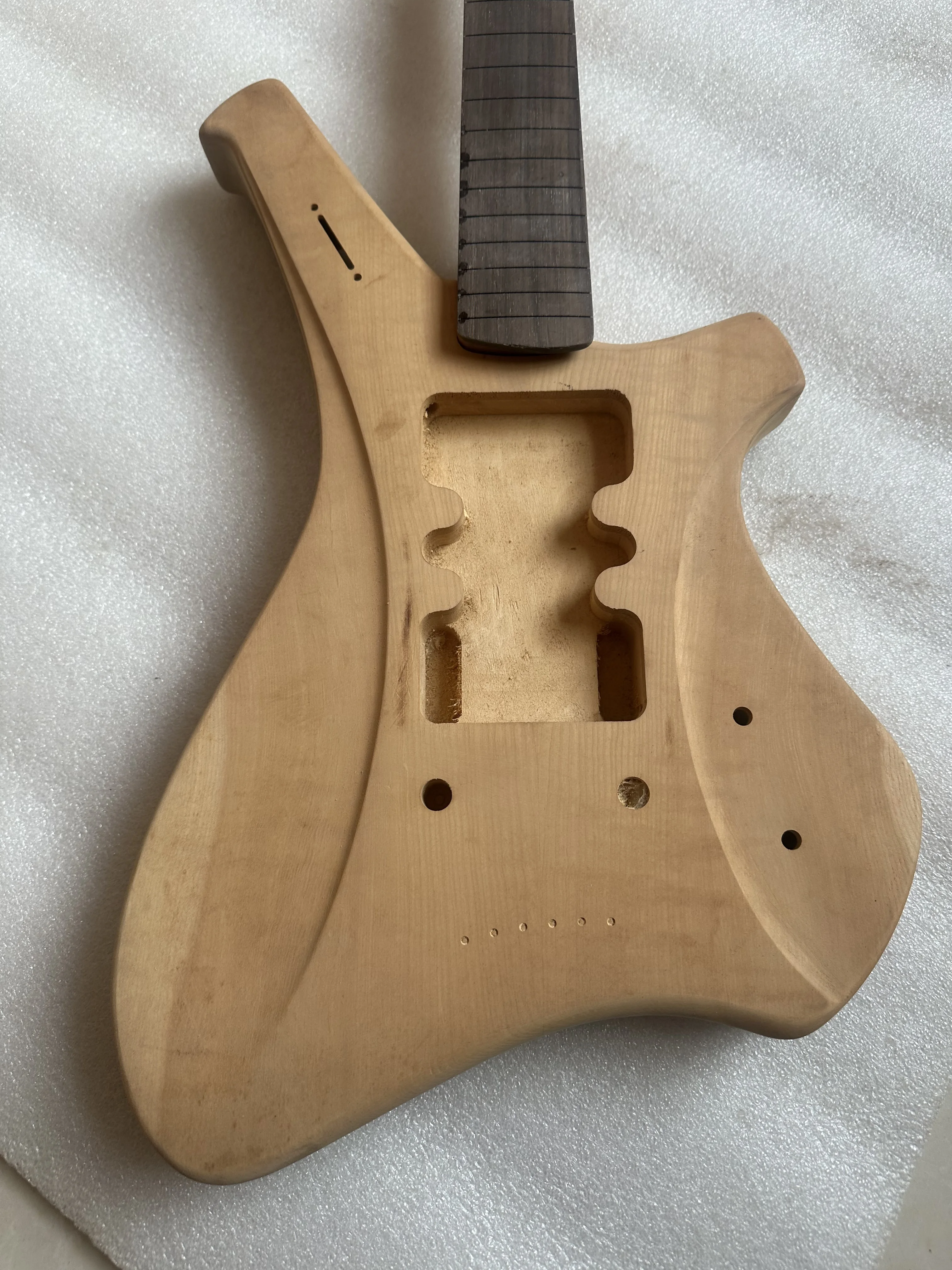 Unfinished DIY Electric Guitar,Fretless Maple Neck and Body Customized,Special Shape Guitar Parts Need Cut Only, 1 Set