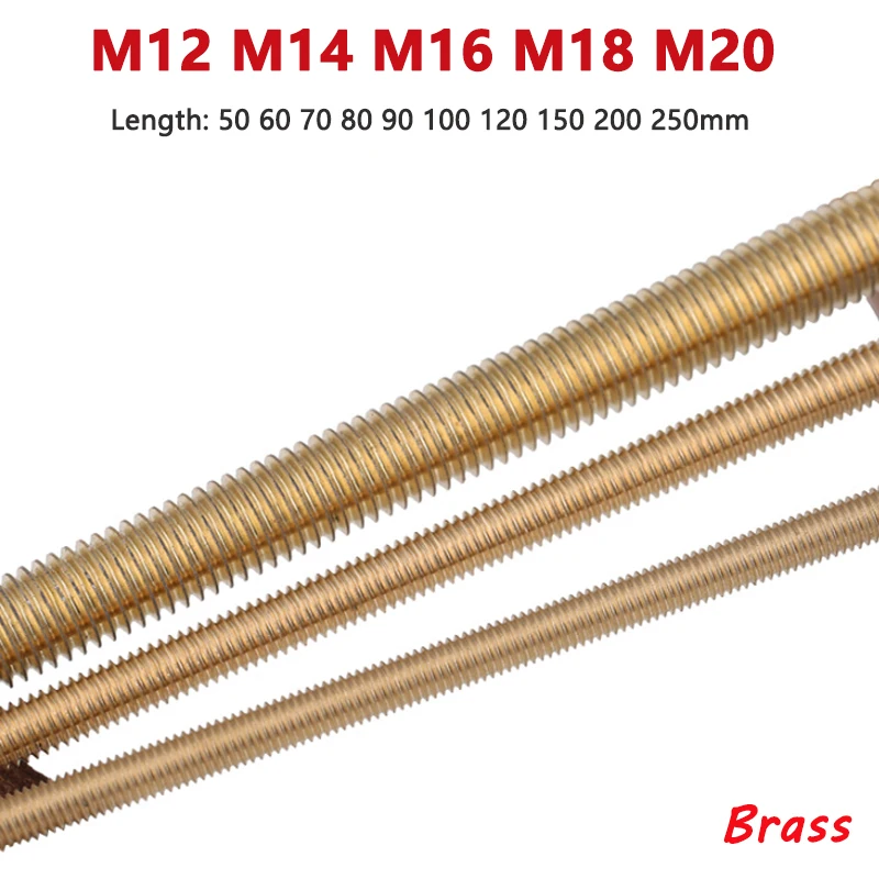 1pc Brass Thread Rod M12 M14 M16 M18 M20 Full Threaded Bolt Bar Stud Length 50 60 70 80 90 100 120 150 200 250 500mm