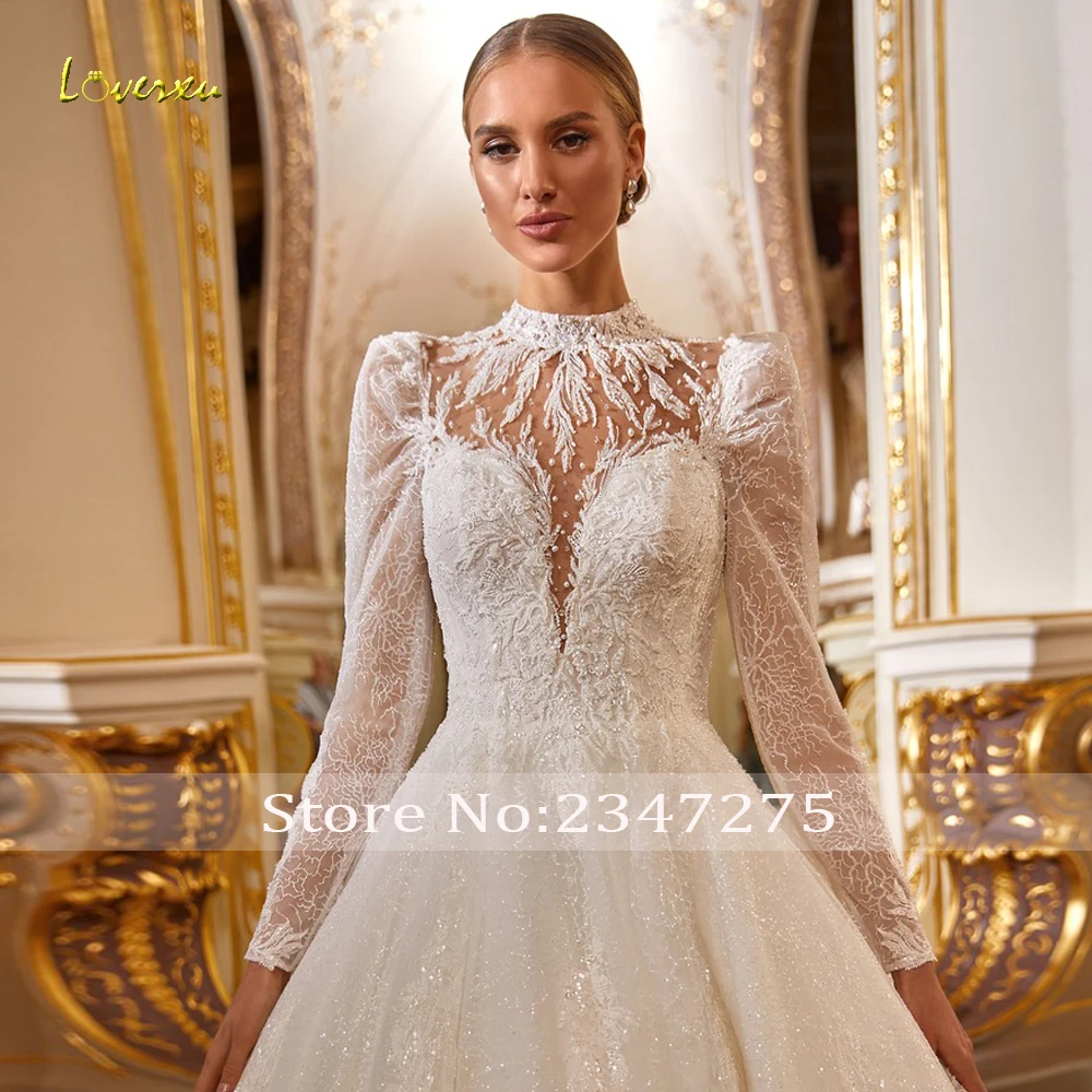 Suknie ślubne Loverxu w kształcie litery A, eleganckie, z wysokim dekoltem, długim rękawem, Vestido De Novia, koronkowe aplikacje, brokat, szyte na miarę suknie ślubne.