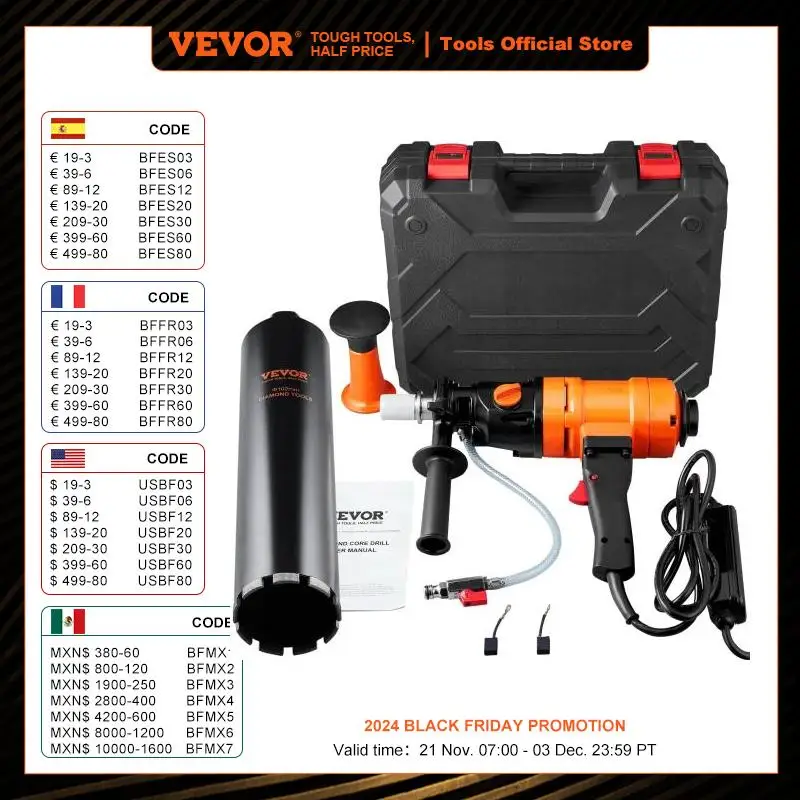 VEVOR 1500W 4in Bit Diamond Core Drill Machine Handheld Concrete Core Drill Rig Wet Stepless Speed Electric Drilling Machine