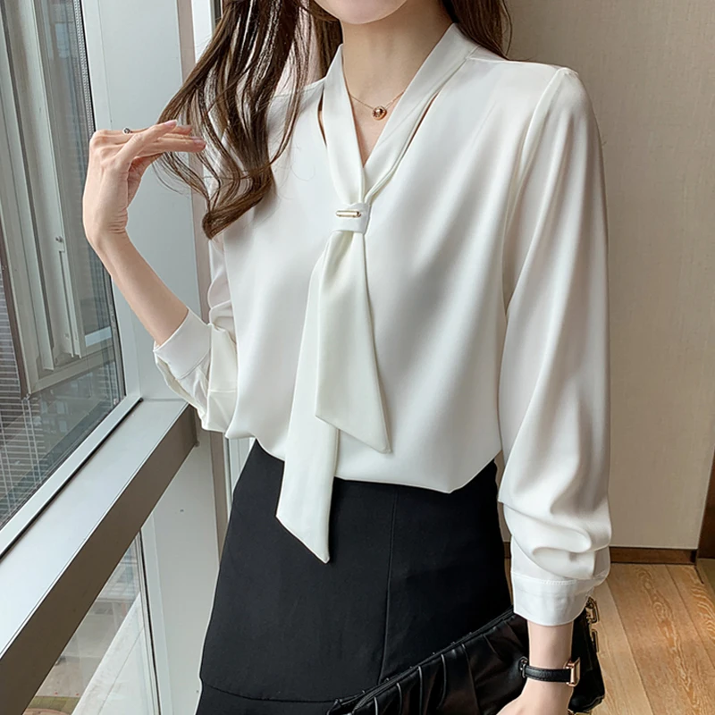 2023 Fashion Chiffon Blouse Women Tops Office Long Sleeve White Women Shirts With Tie V Neck Loose Female Clothing New 13022