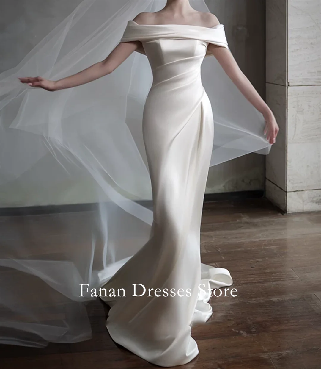 FANAN Short Sleeves Off Shoulder Vintage Simple Elegant Satin Wedding Dresses 웨딩드레스 Ivory Customized Pretty  Bride Dresses