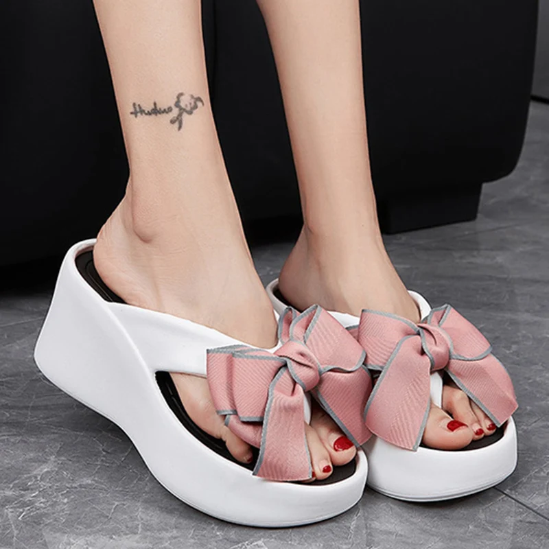 Fashion Bowknot Wedge Flip Flops Women Super High Heels Thick Bottom Eva Slippers Woman Summer Clip Toe Chunky Platform Sandals