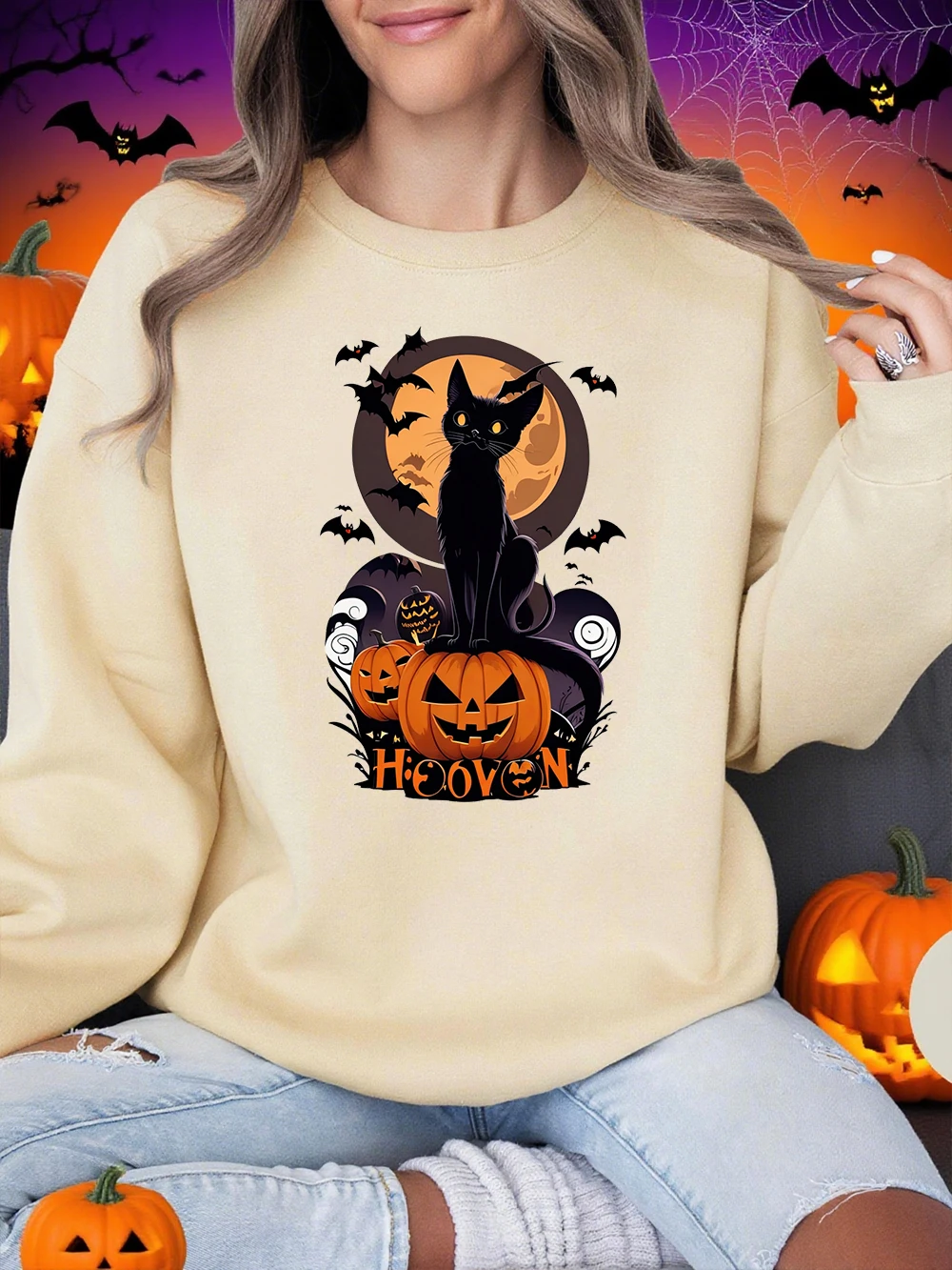 Felpa con stampa di zucca nell'atmosfera di Halloween Felpa girocollo da donna Felpa con cappuccio casual in pile sciolto Pullover caldo Abiti morbidi invernali