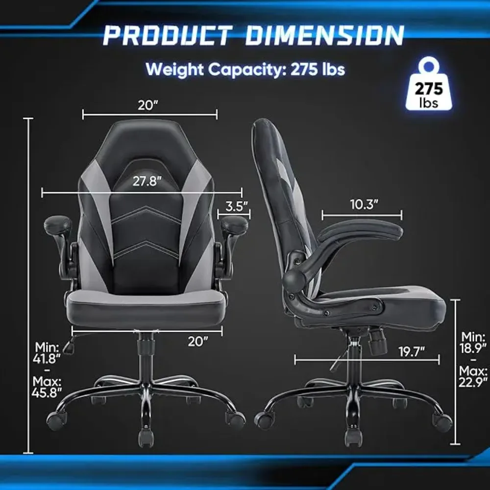 Sedia per Computer da gioco in pelle da scrivania con attività girevole regolabile e braccioli ribaltabili, nero-grigio