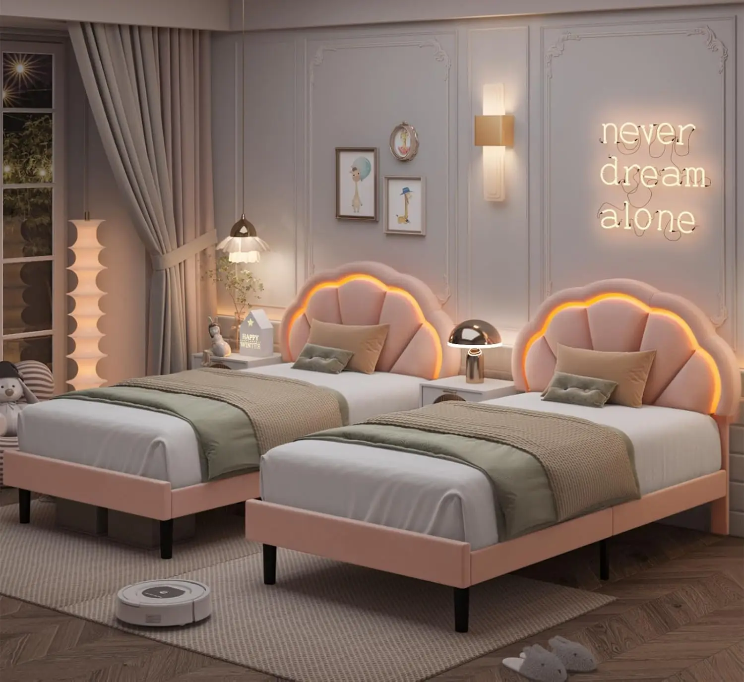 2-set gestoffeerd LED-bedframe voor twee personen met verstelbaar dromerig hoofdbord, zacht fluwelen prinsessenplatformbed voor meisjes/kinderen