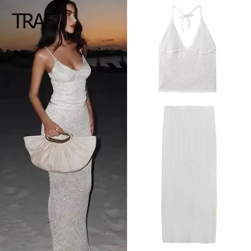 

TRAF Winter Outfits For Women Knitted Sets Midi Skirt And Sleeveless Backless Slip Top Set High Elastic Outfits Chic Elegant Set