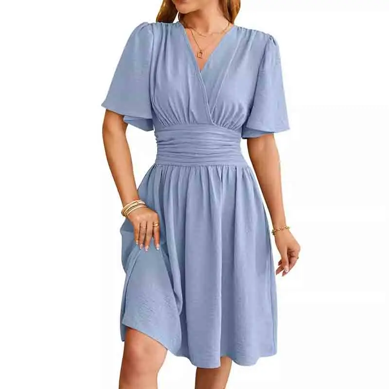 

Blue V-neck Flared Sleeve Dress for Women High-waisted Zipper Short Dresses Elegant Casual Bohemia Dresses Summer 2024 New