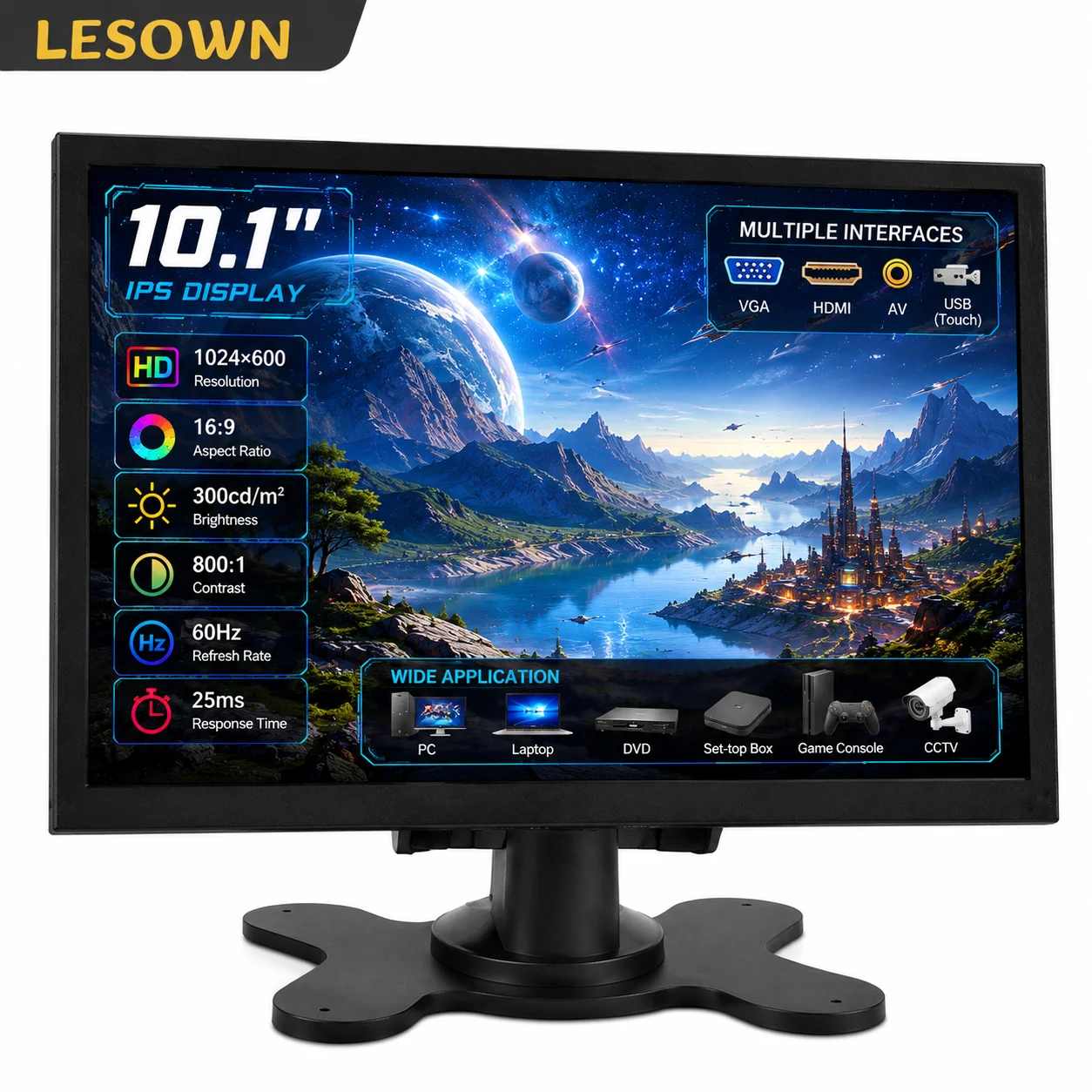LESOWN 10인치 산업용 LCD 모니터 HDMI 정전식 터치스크린 1024*600 스피커 포함 VESA 75 브래킷 장비 DIY용