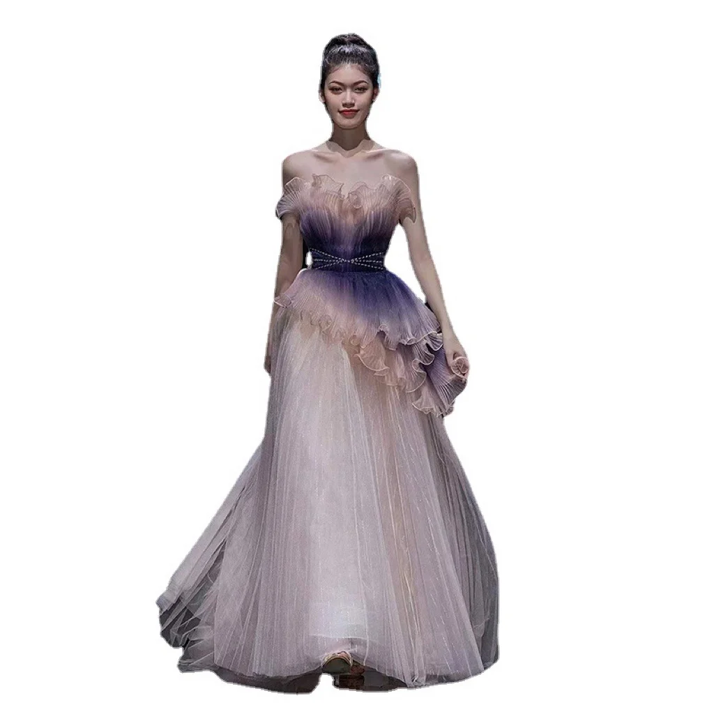 Luxury Strapless Beading Celebrity Dresses Sleeveless Purple Pink A Line Ruffle Spray Sequined Lady Wedding Party Prom Gowns