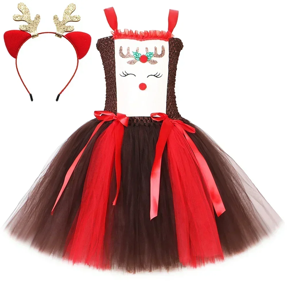 Girls Brown Red Toddler Girl Xmas Princess Dress Christmas Party Tutu Dress Rudolph Reindeer Deer Costume Kids Antlers Headband