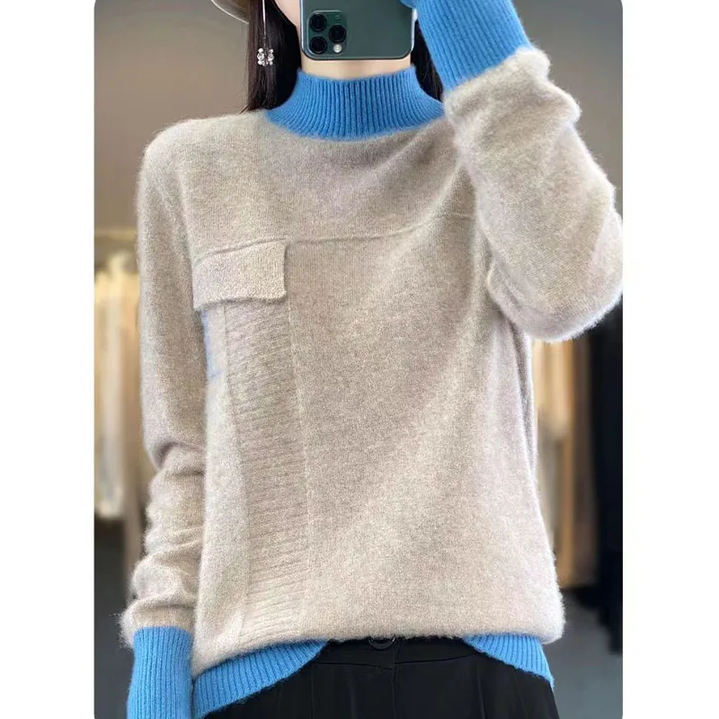 New Autumn and Winter Fashion Korean Edition Colored Half High Neck High End Loose Versatile Slim Long Sleeve Women\'s Sweater