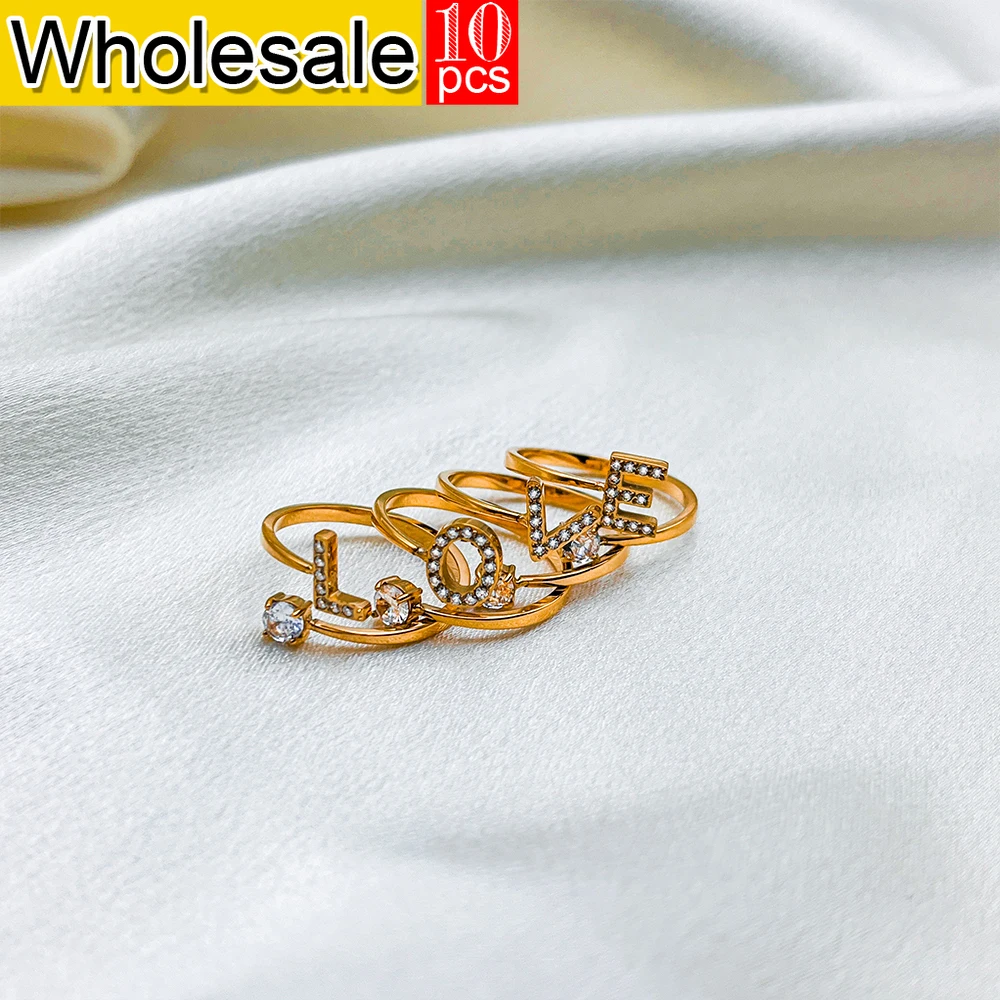 

2024 New women 10PCS Women's Fashion Jewelry Classic Stainless Steel Golden Plated Shiny Zirconia A-Z 26 Letters Ring Wholesale