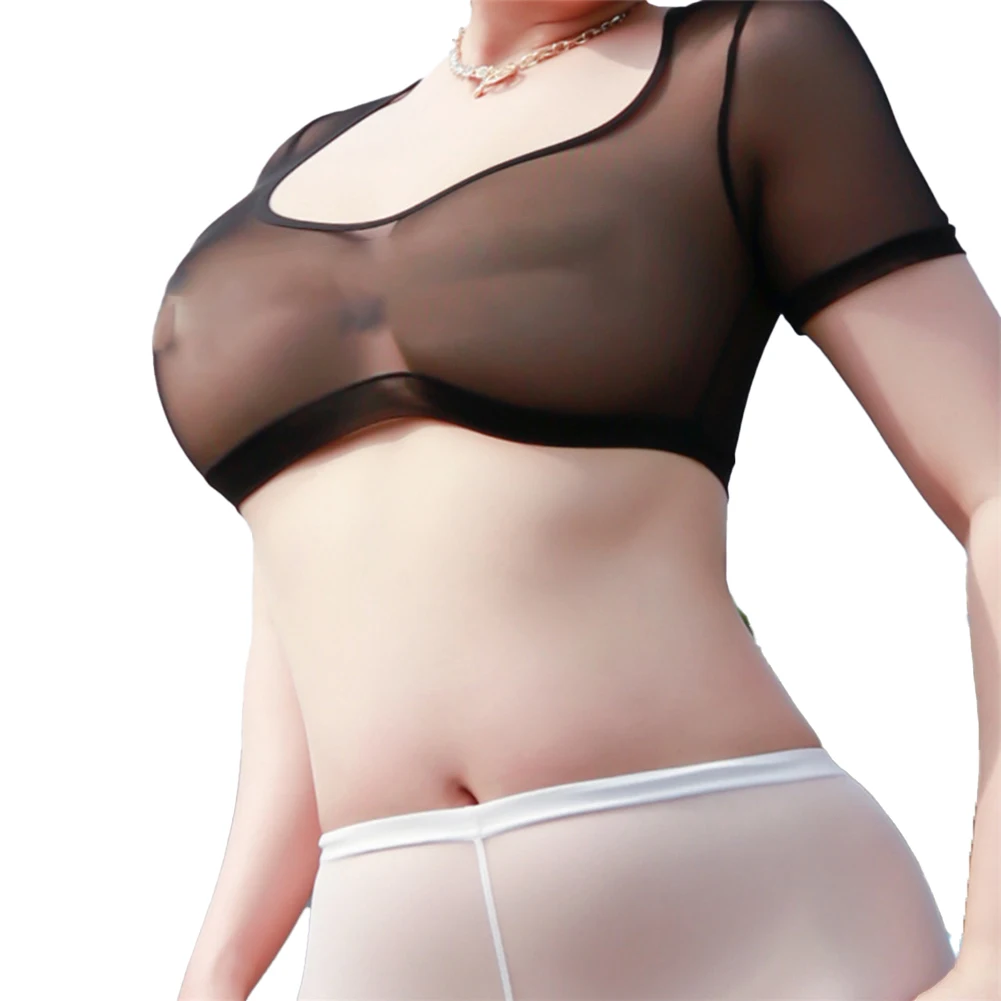 Elegante nova camiseta feminina diária o-pescoço ver através de lingerie sexy roupa de dormir manga curta cor sólida yoga