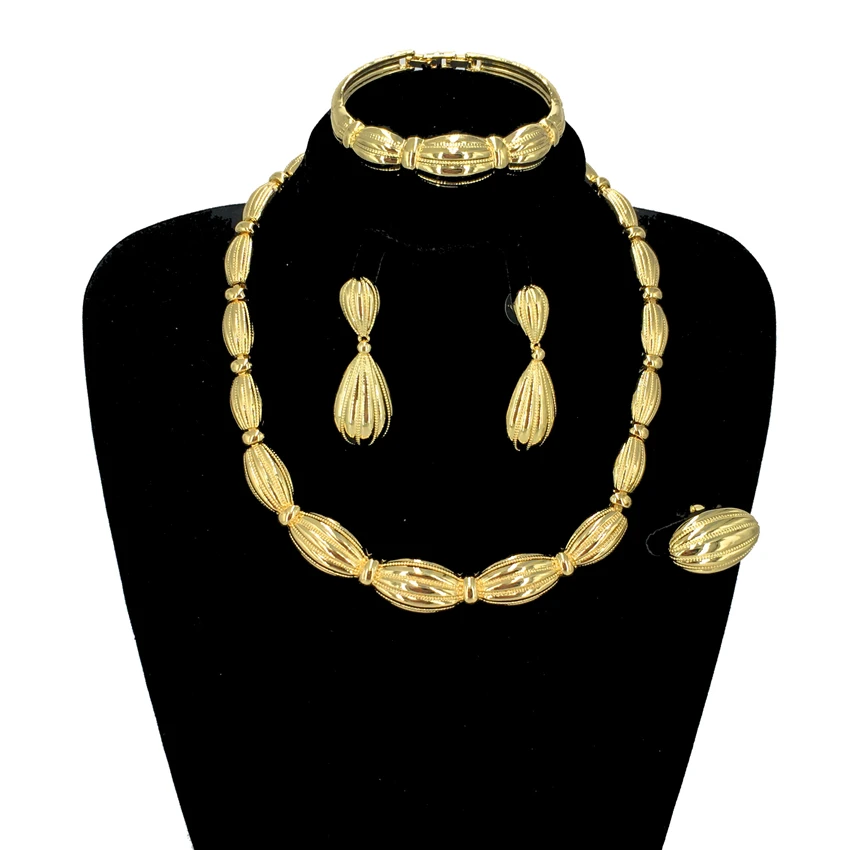 

New Fashion Ladies Exquisite Necklace Earrings Ring Bracelet Women Birthday Gift Luxury Dubai Gold Plated Jewelry Set FHK13488