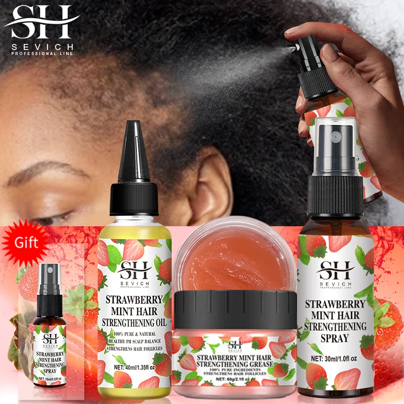 Strawberry Mint Growth Oil Set Fast Hair Regrowth Thicken Spray Anti Hair Loss Hair Mask Scalp Hair Strengthening Oil Hair Care