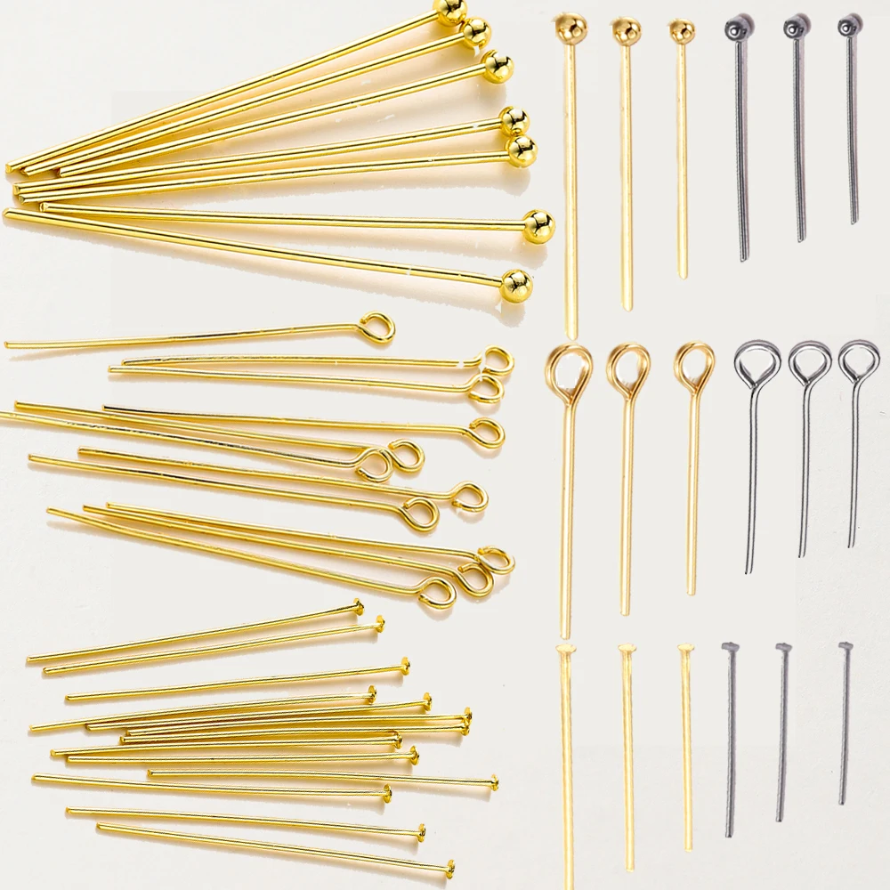 Cabeça chata Pins para Fazer Jóias, Metal Latão Eye Pins, Bola Cabeça Pins, Suprimentos DIY, 14K, Banhado a Ouro 18K, 16-50mm, 100 Pçs/lote