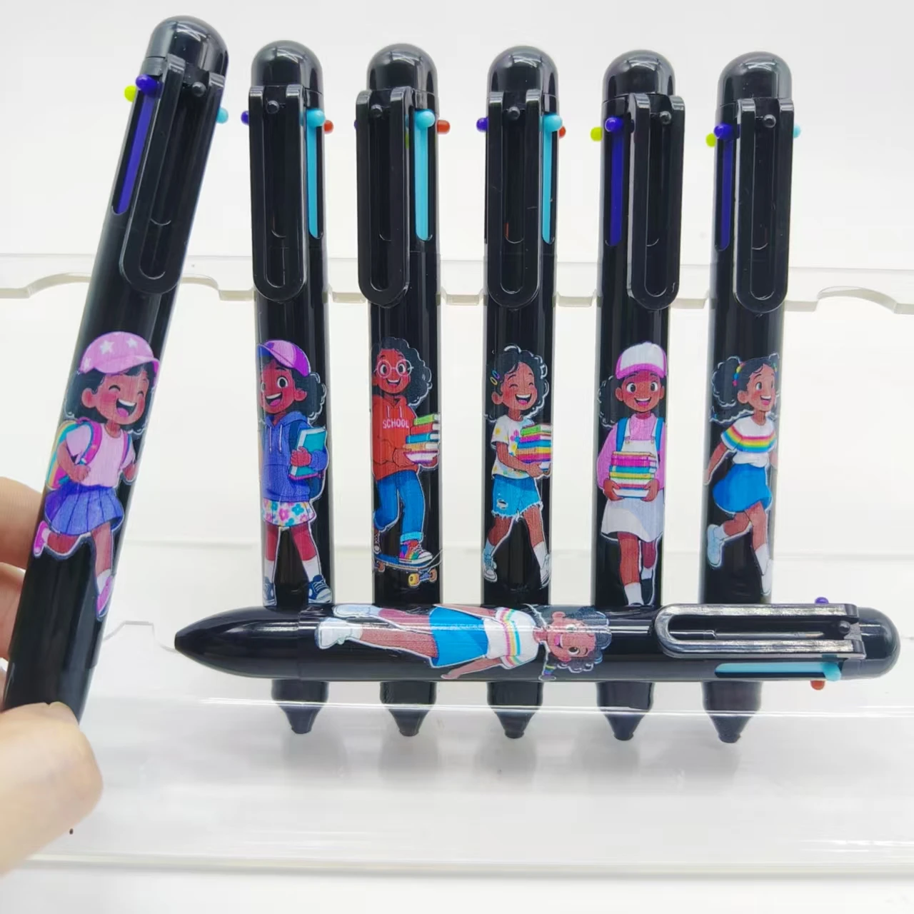 

3 шт./5 шт., кампусная версия, многоцветная ручка с рисунком черной девушки, черная тематическая шариковая ручка, подарочная ручка 6-в-1