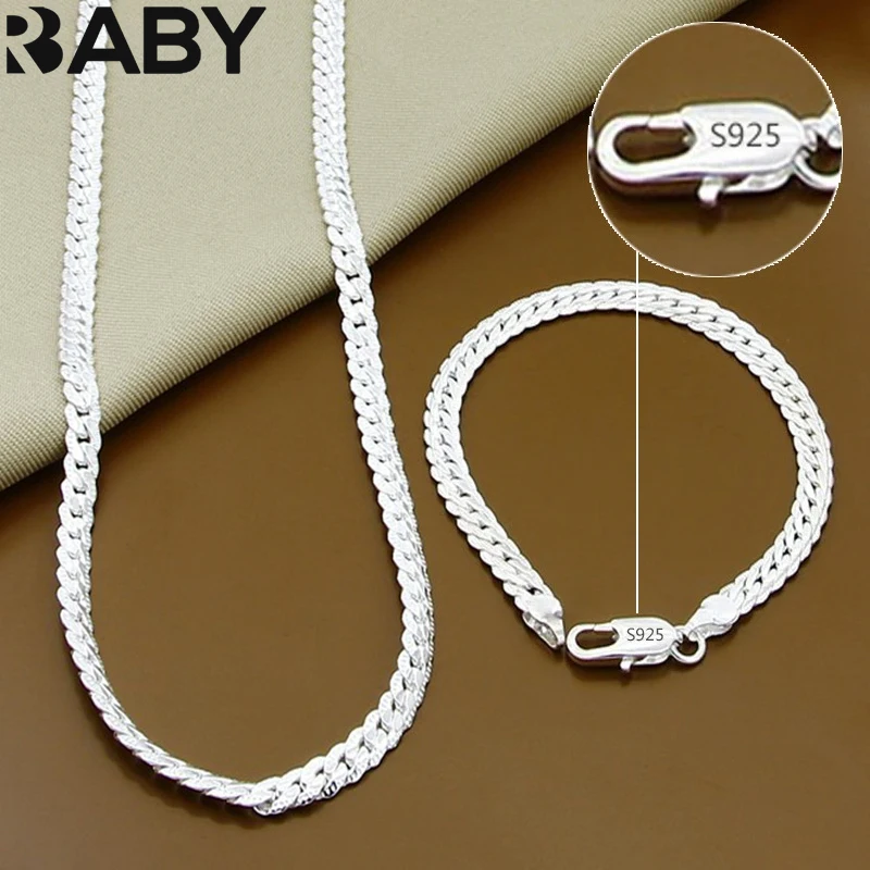 URBABY 925 Sterling Silver 2 Piece 6MM Full Sideways Chain Necklace Bracelet For Women Men Fashion Jewelry Sets Wedding Gift