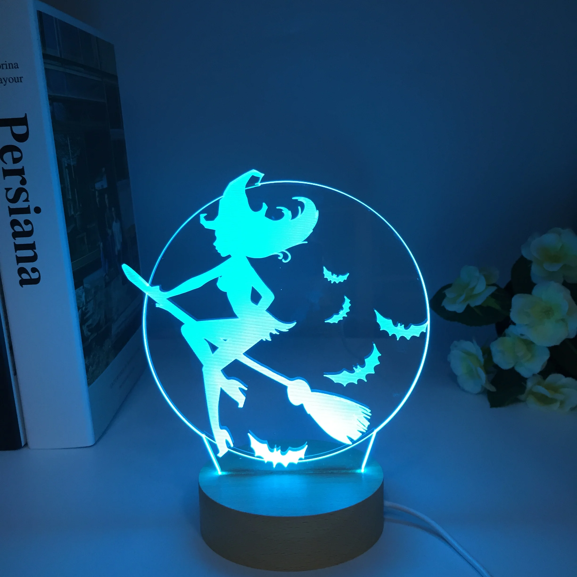 Halloween Bat Witch 3D LED Lamp lamp Acrylic 7 Colors Wooden Nightlight USB Touch Desk Table Lamp Living Room Lights Decoration