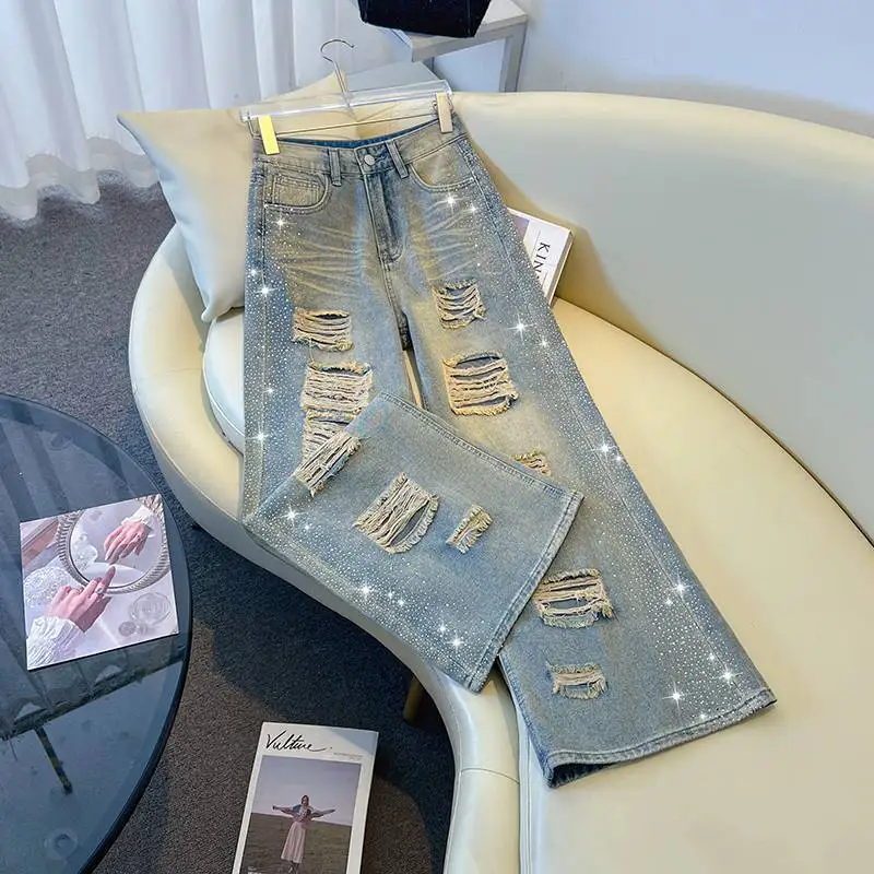 Trendy Shiny Rhinestone Ripped Hole Denim Pants Women American Style Streetwear Retro High Waist Wide Leg Jeans Loose Trousers