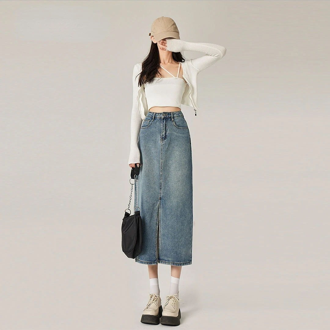 

Harajuku Split Skirt Women High Waist A Line Midi Skirt Korean Fashion Clothing Vintage Office Lady Pockets Denim Long Skirts