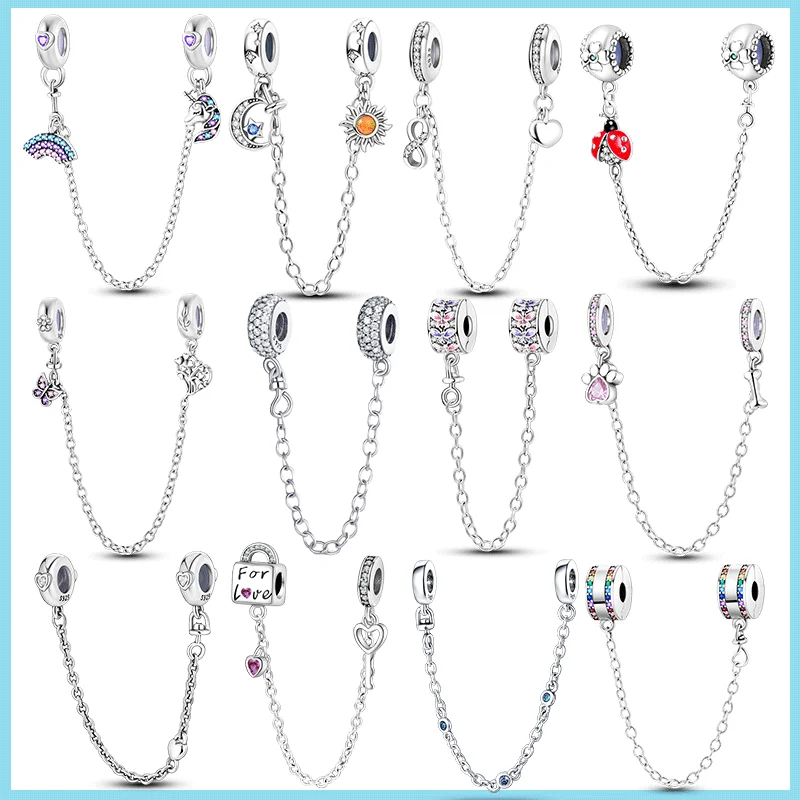 925 Sterling Silver Safety Chain Dog Paw Print Butterfly Sun Stars And Moon Safety Chain Fit Original Brand Bracelet Jewelry