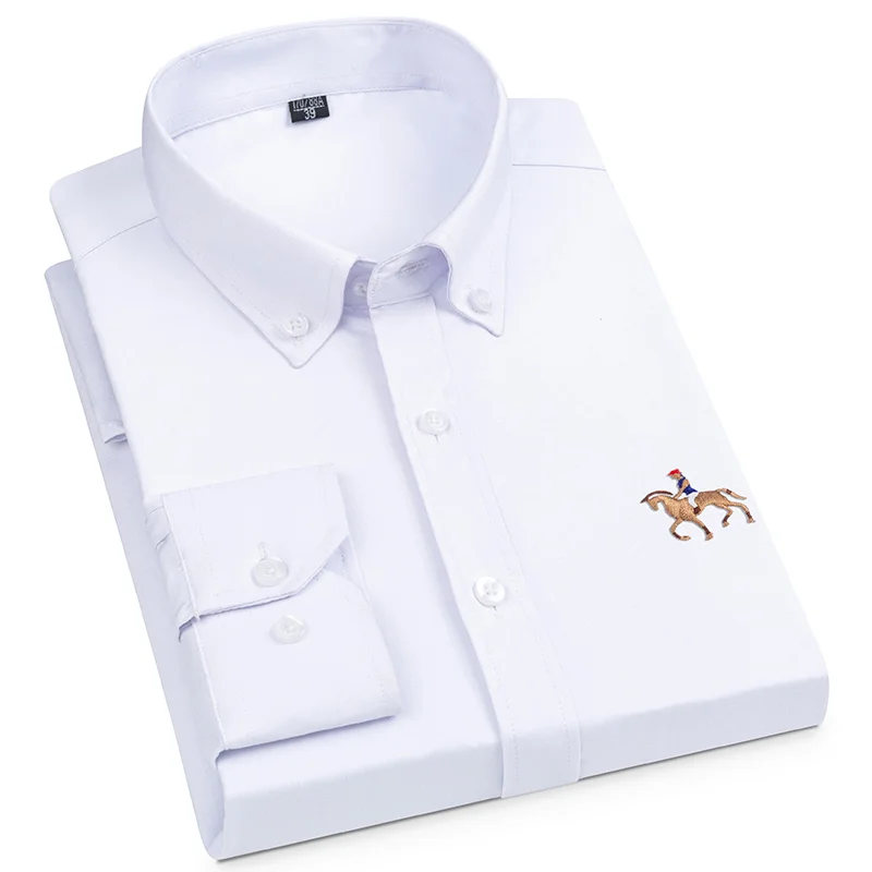 Luxury Men's Social Shirts Long Sleeve Trendy Buttoned Causal Horse Embroidered Solid Comfort Soft Brazil Business Office Tops