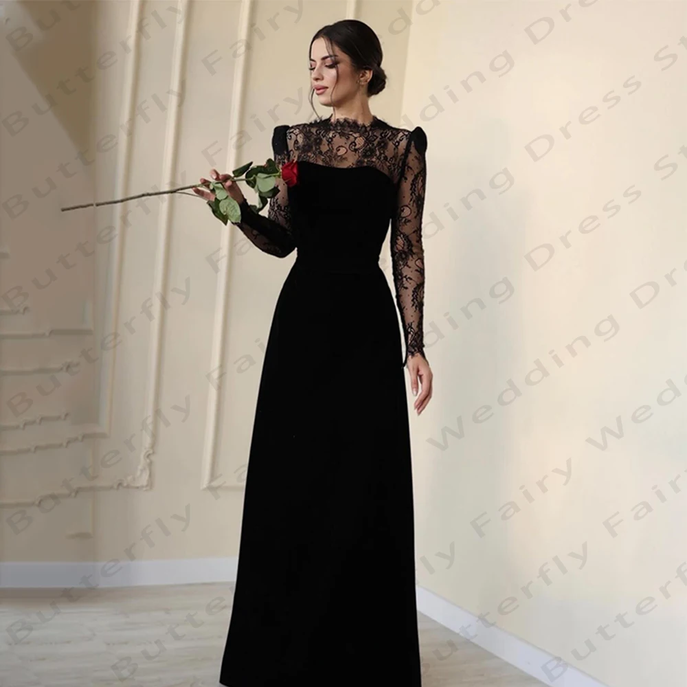 2025 Elegant ผู้หญิงสีดําชุดราตรีแขนยาวลูกไม้กํามะหยี่เจ้าหญิงพรหม Gowns อย่างเป็นทางการ Beach Party vestidos de gala Robe