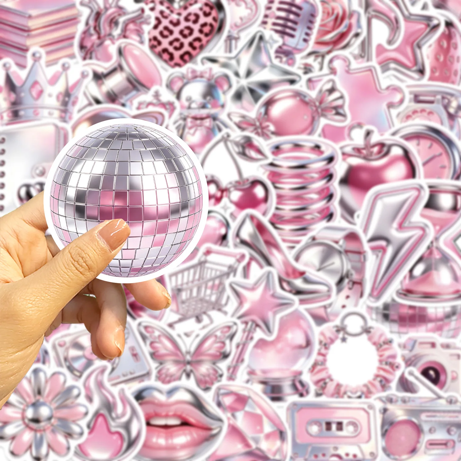 50PCS Cartoon Metallic Pink Y2K Exquisite Mix Match Stickers Pack Decorate Luggage Shoe Cabinet Helmet Scrapbook Removable Decal